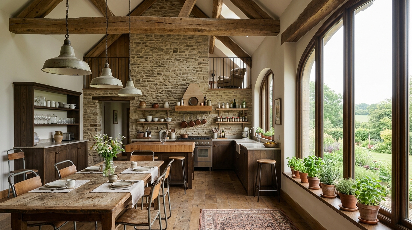 Кухня лофт в загородном доме с высокими потолками, деревянными балками и каменной стеной
