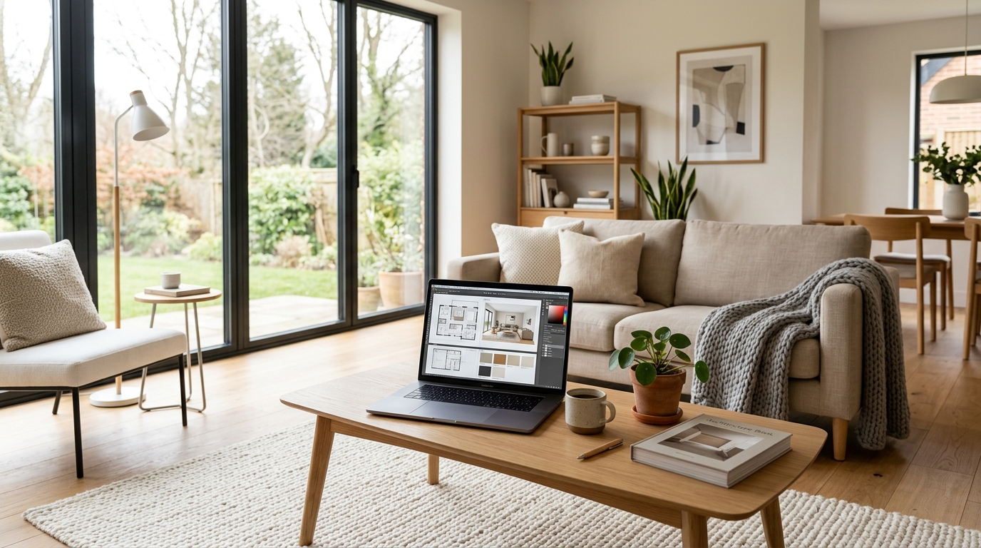 Современная гостиная с ноутбуком — дизайн интерьера онлайн бесплатно