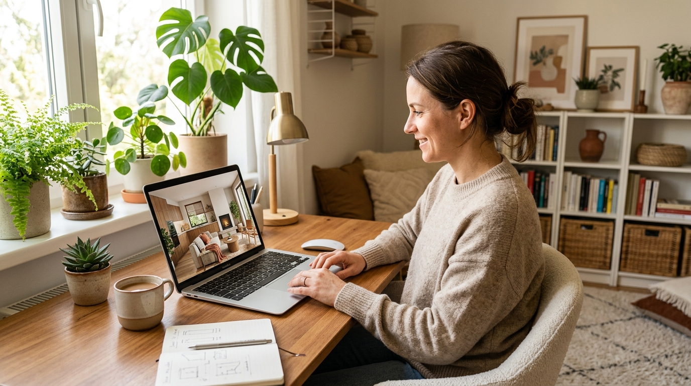 Девушка работает с онлайн-планировщиком интерьера на ноутбуке
