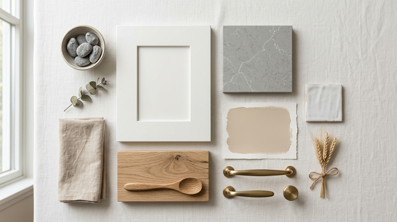 Цветовая палитра минималистичной кухни — нейтральные тона, камень, дерево и металл