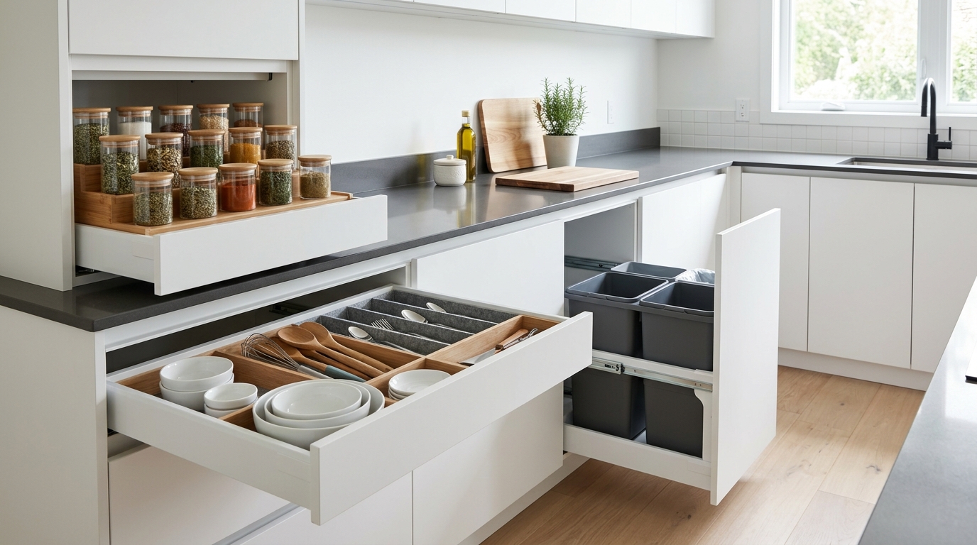 Системы хранения минималистичной кухни — выдвижные ящики, органайзеры, скрытые механизмы