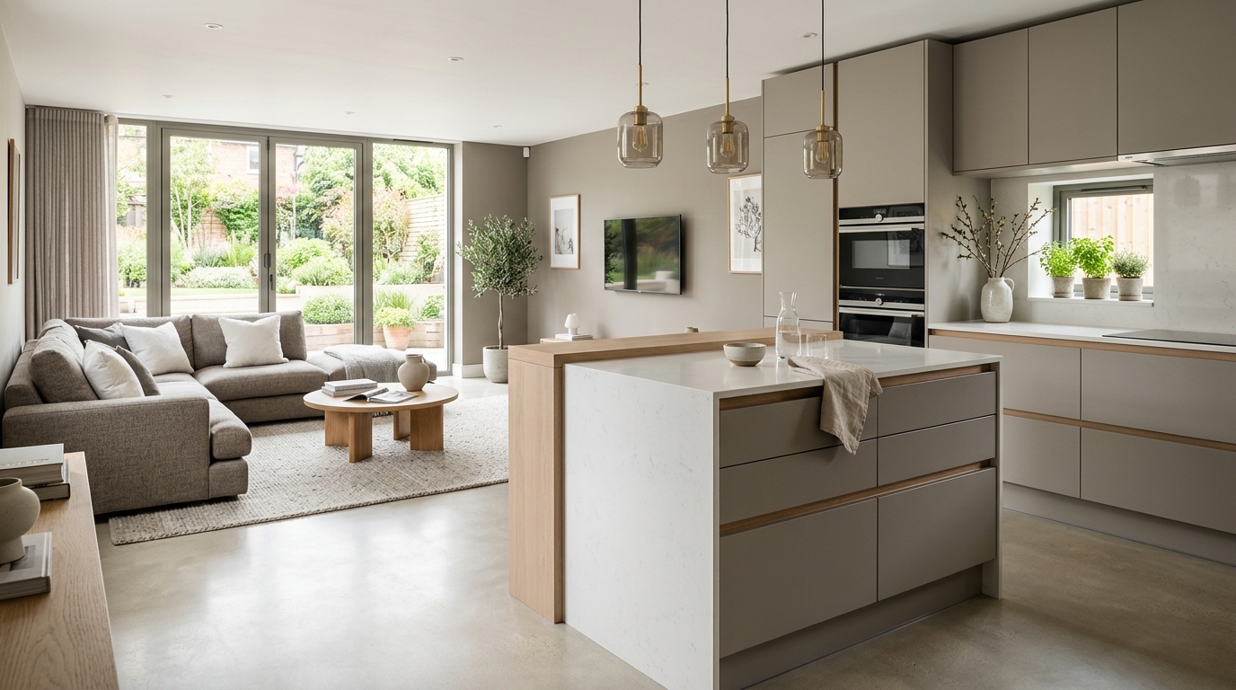 Минималистичная кухня-гостиная с открытой планировкой, островом и зоной отдыха