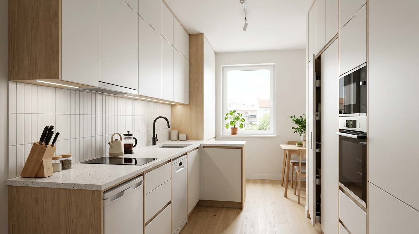 Маленькая минималистичная кухня с угловой планировкой и шкафами до потолка