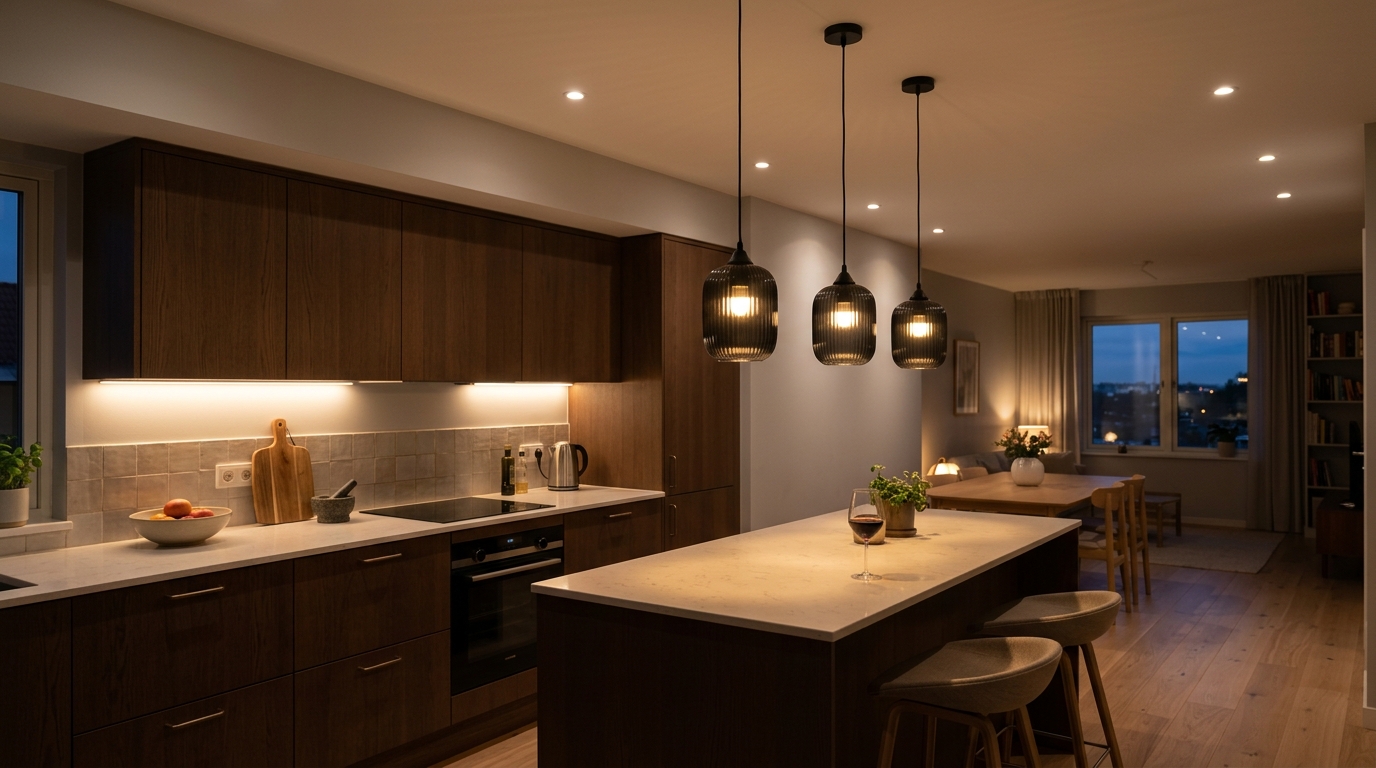 Минималистичное освещение кухни — LED-подсветка, подвесные светильники, встроенные споты