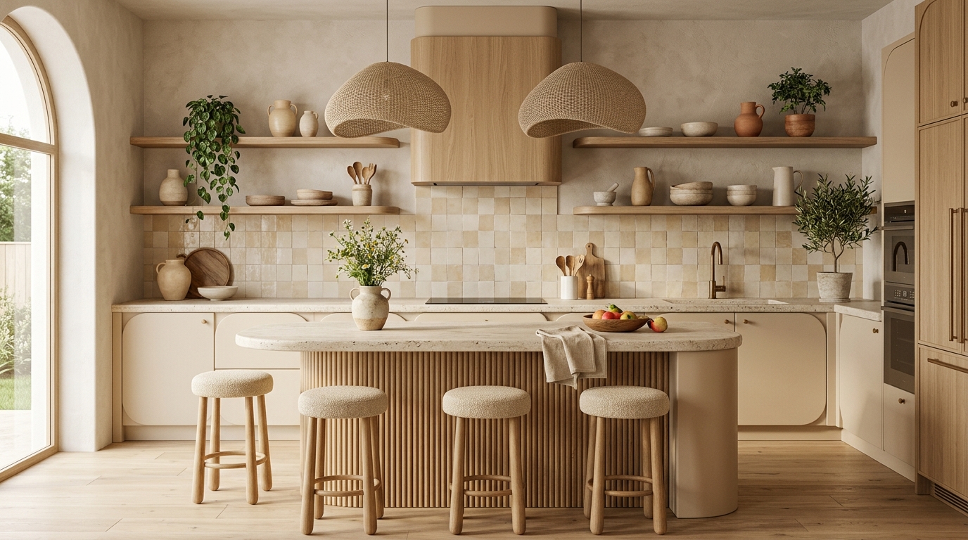 Софт-минимализм на кухне — тёплые бежевые тона, скруглённые формы, натуральные материалы