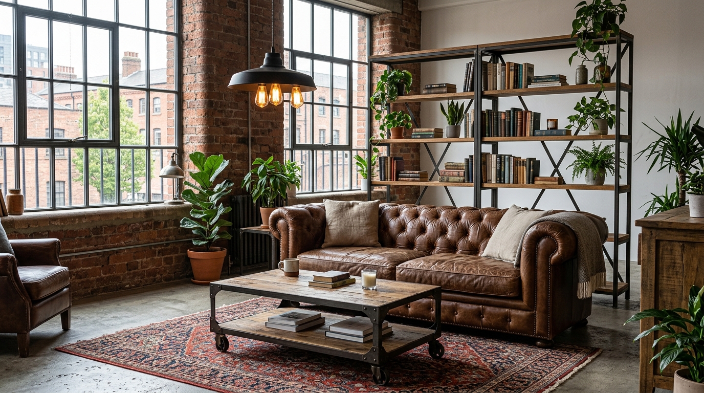 Мебель в стиле лофт: кожаный диван, металлический стеллаж, журнальный столик из металла и дерева