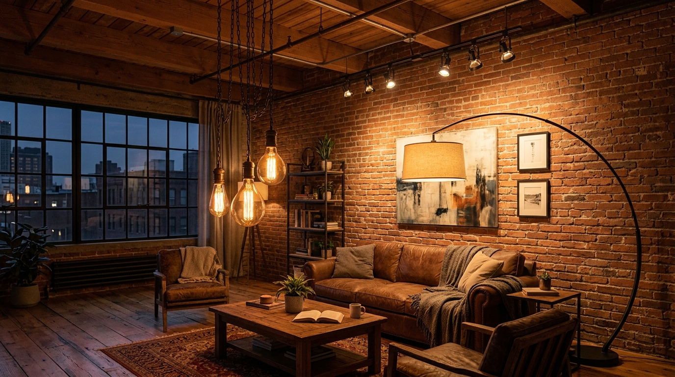 Индустриальное освещение в лофт-гостиной: подвесные лампы Эдисона и трековые светильники