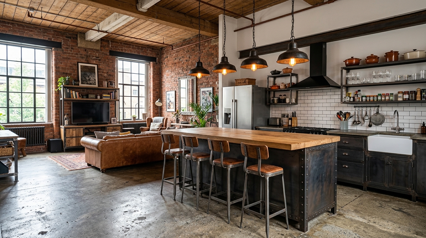 Кухня-гостиная в стиле лофт: открытая планировка с островом и барными стульями