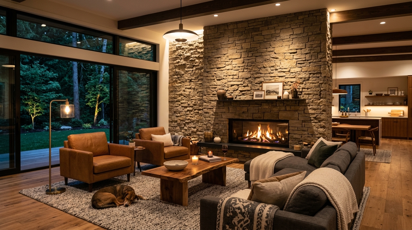 Гостиная с камином как центральным элементом интерьера