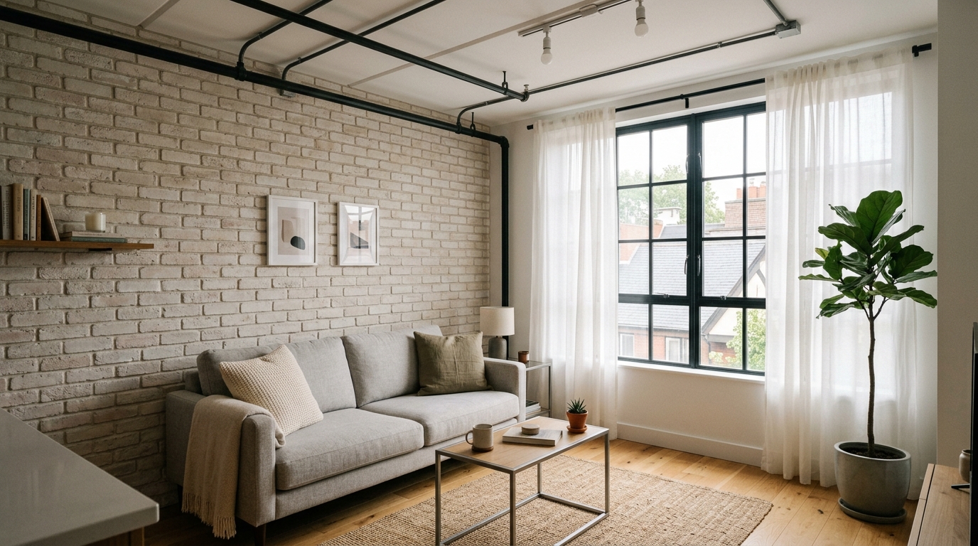 Компактная гостиная в стиле лофт: светлый кирпич, серый диван, минимум мебели