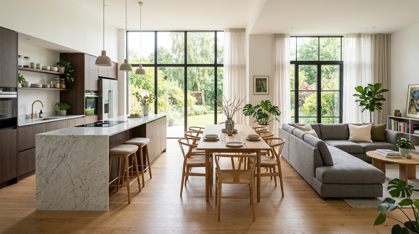 Объединённая кухня-гостиная с островом и обеденной зоной в частном доме