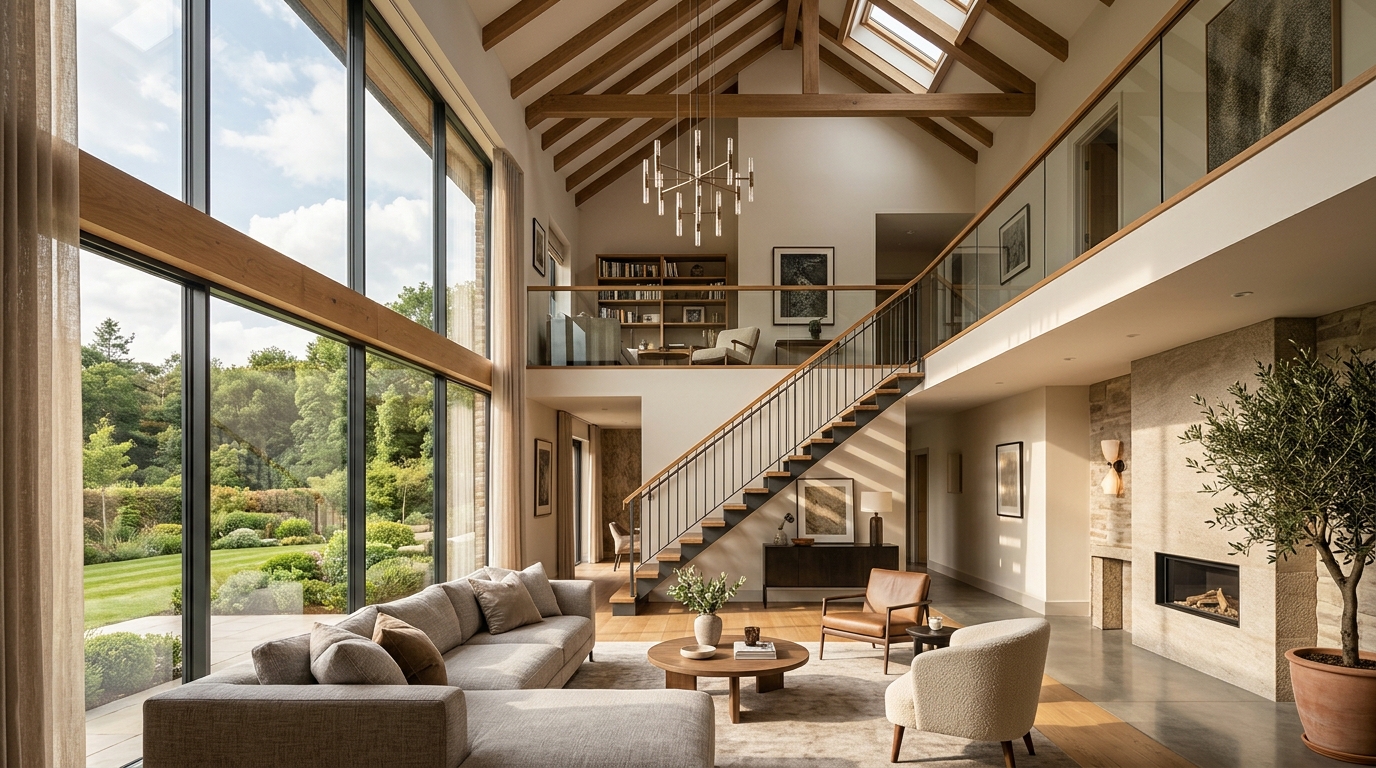 Гостиная со вторым светом, антресолью и окнами в два этажа