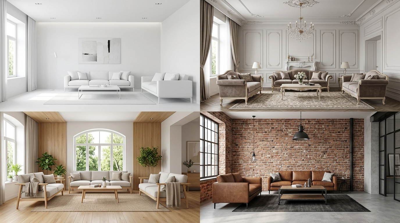 Четыре стиля интерьера гостиной: минимализм, классика, сканди, лофт