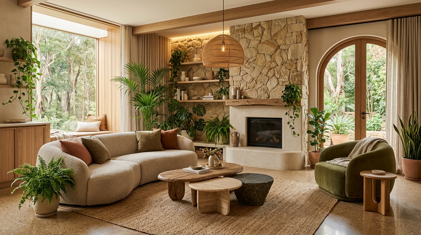 Гостиная в тренде 2026: тёплые землистые тона, органичная мебель, живые растения