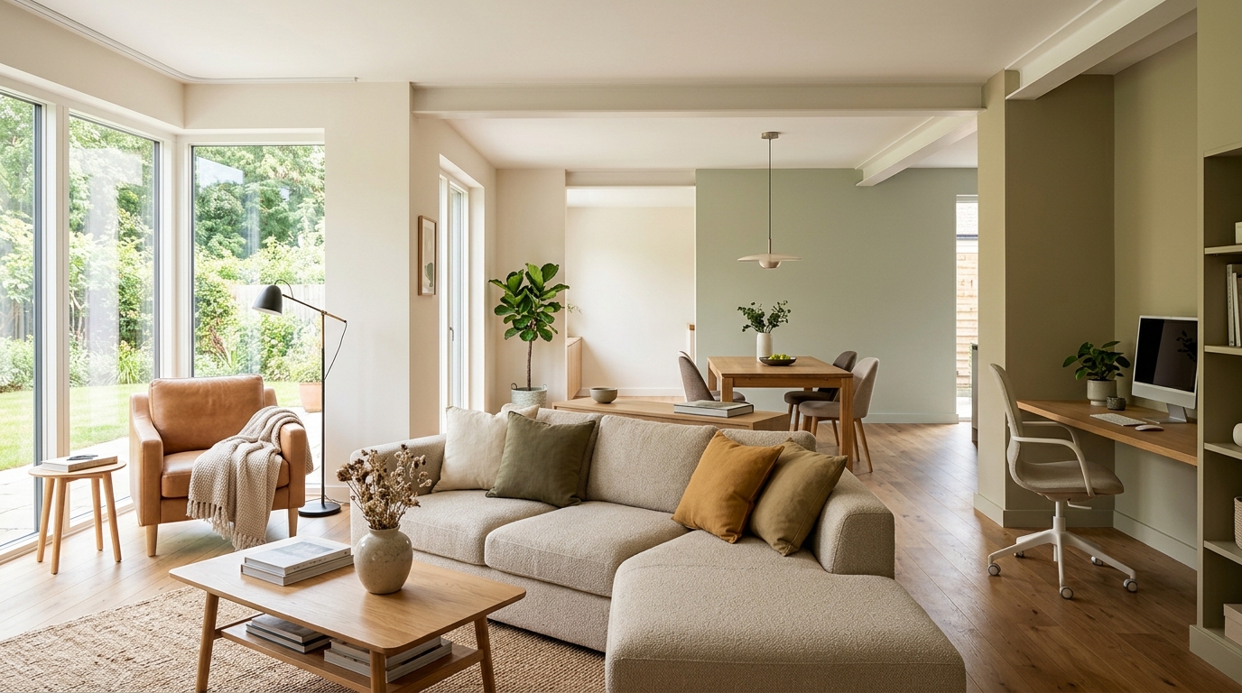 Гостиная с чётким зонированием: зона отдыха, рабочий уголок и обеденная зона