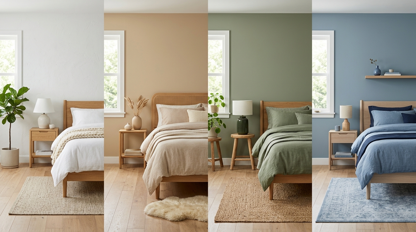 Цветовая палитра спальни в скандинавском стиле — от белого и бежевого до приглушённого зелёного и голубого