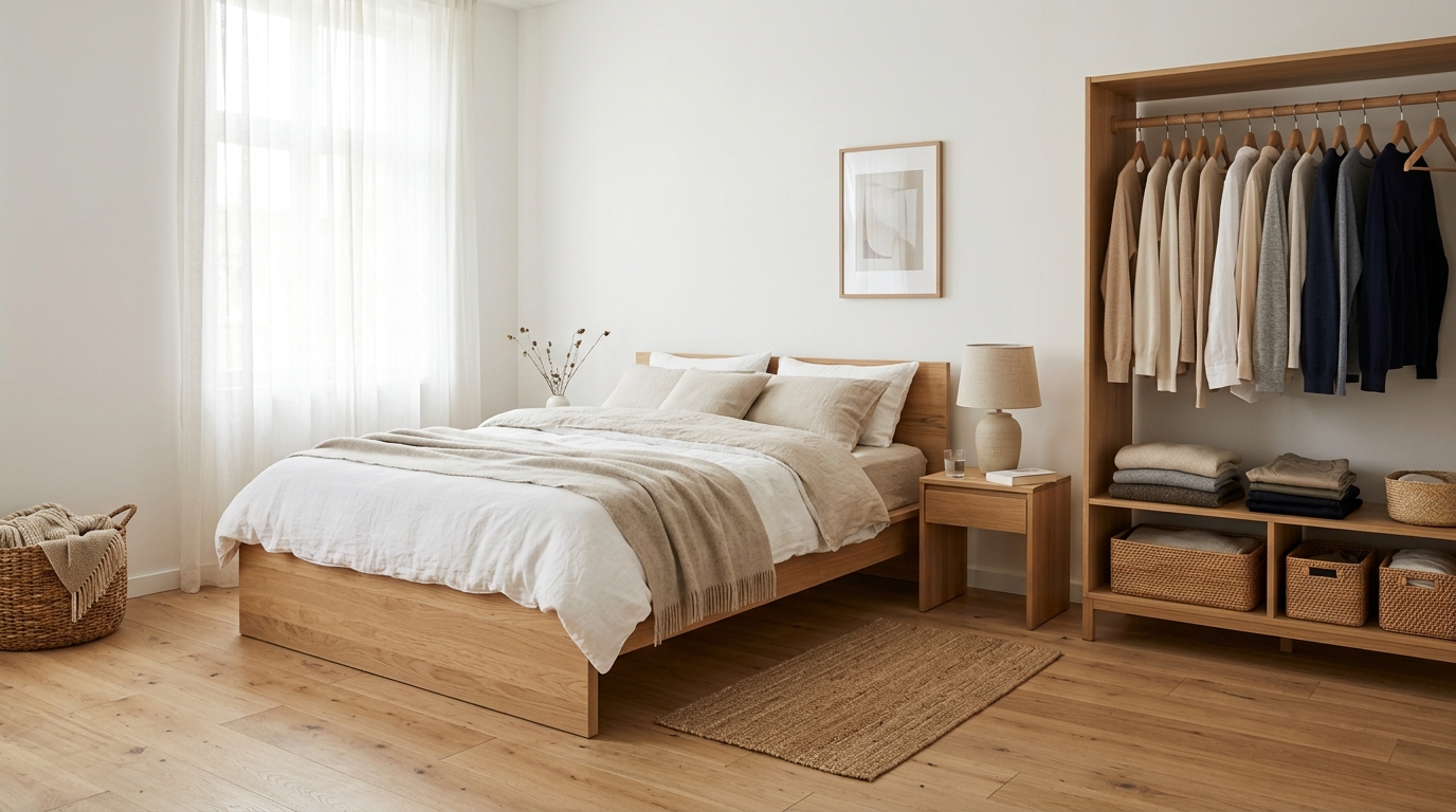 Мебель для спальни в скандинавском стиле — кровать из светлого дерева, прикроватная тумба, открытая вешалка