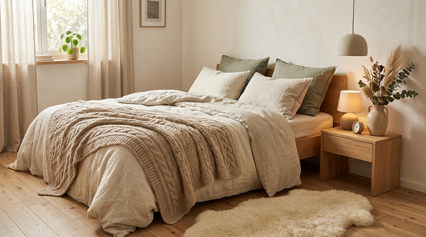 Текстиль в скандинавской спальне — вязаный плед, льняные подушки, ковёр из натуральных волокон