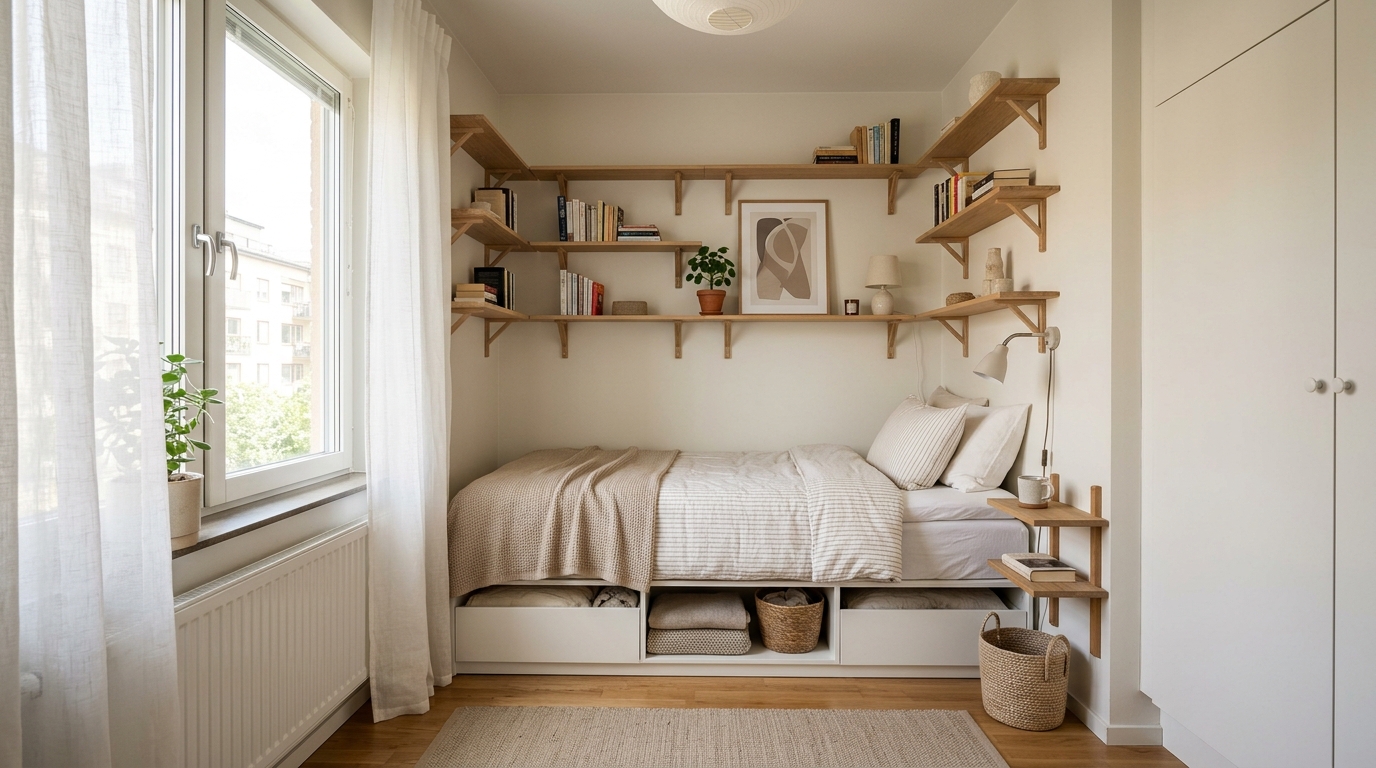 Маленькая спальня в скандинавском стиле — компактное пространство с умным хранением