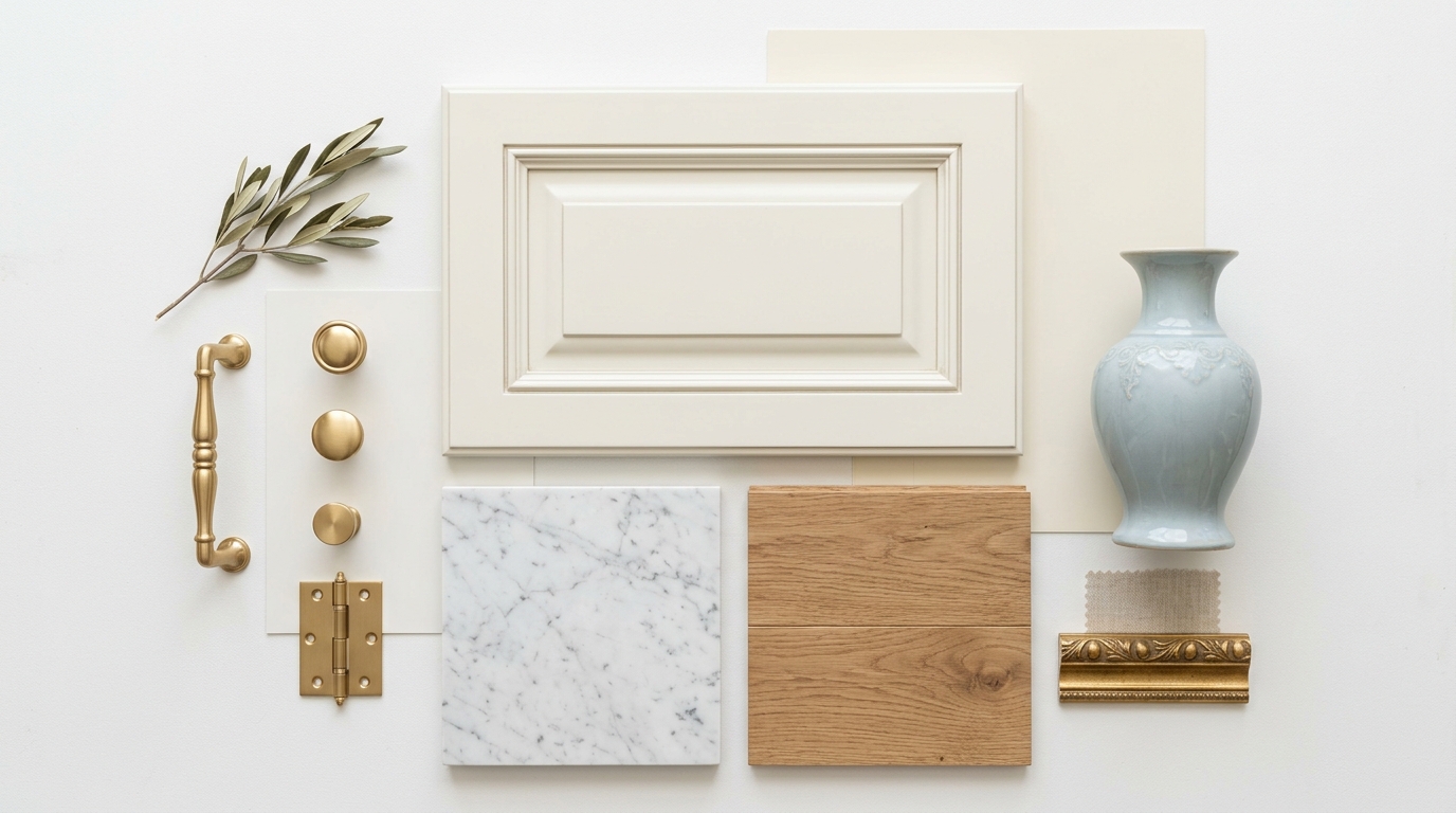 Цветовая палитра для кухни в стиле неоклассика: кремовые, серые и золотистые тона