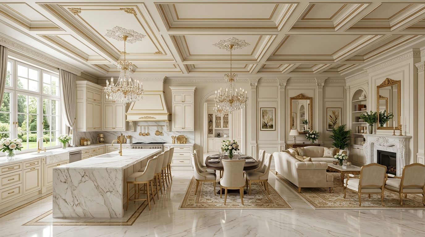 Просторная кухня-гостиная в стиле неоклассика с островом, обеденной и зоной отдыха