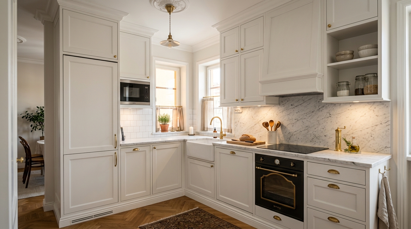 Маленькая кухня в стиле неоклассика — L-образная планировка, белые фасады до потолка