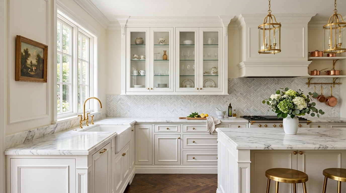 Угловая кухня в стиле неоклассика с мраморным фартуком и латунными подвесами