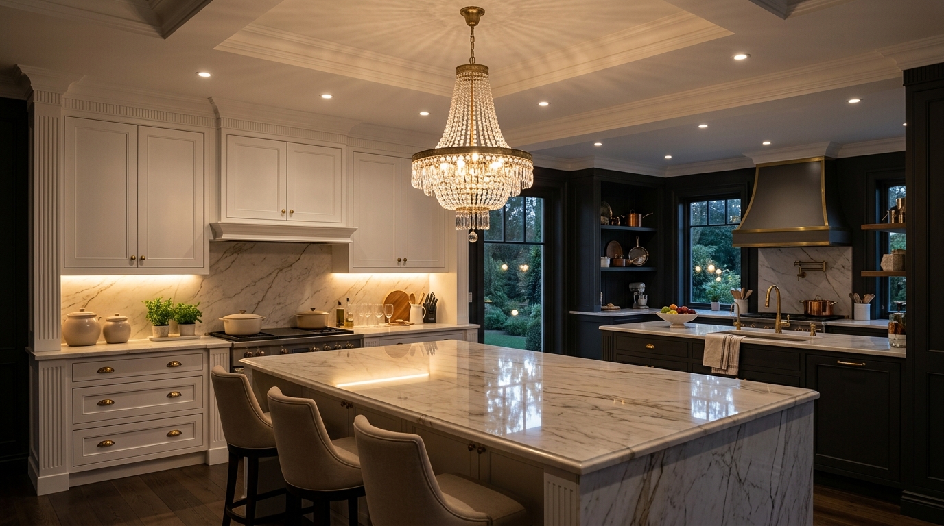 Многоуровневое освещение неоклассической кухни: люстра, подсветка рабочей зоны, встроенные споты