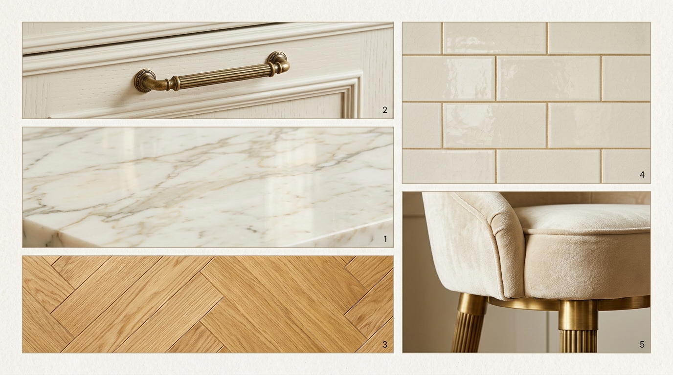Материалы для неоклассической кухни: мрамор, дерево, латунь, керамика