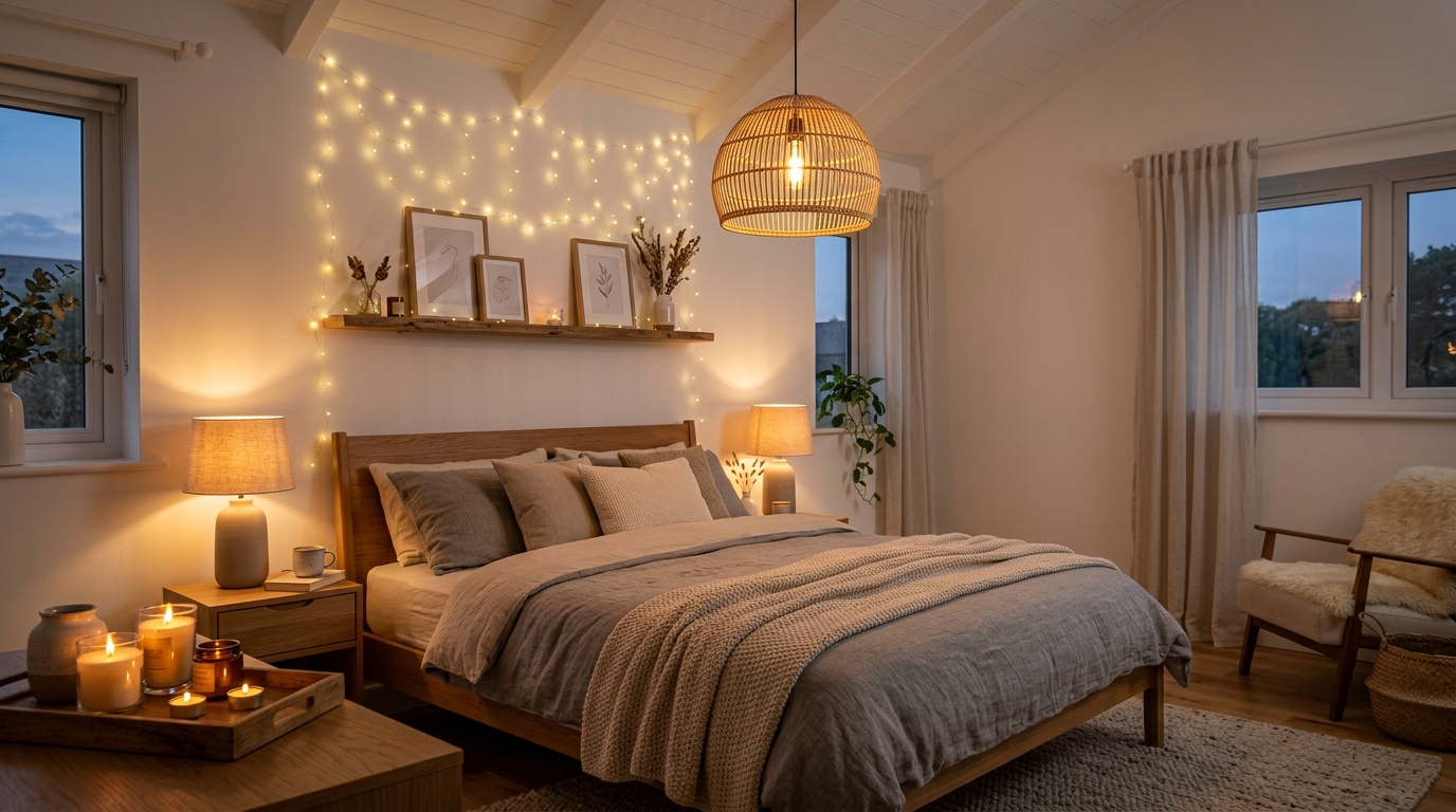 Освещение в скандинавской спальне — подвесной светильник, настольные лампы, гирлянда, свечи