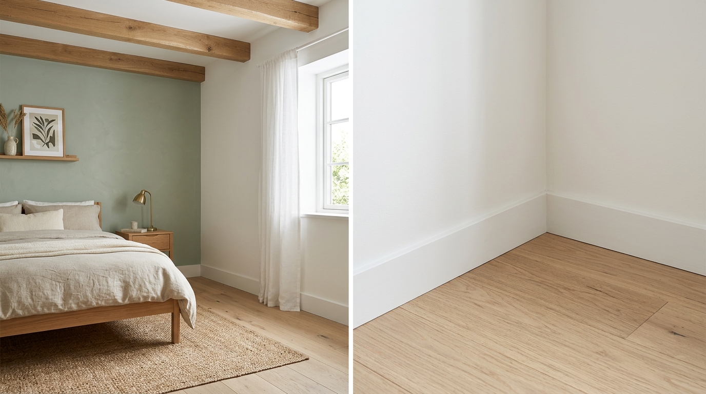 Отделка спальни в скандинавском стиле — светлый деревянный пол, белые стены с акцентной стеной шалфейного оттенка