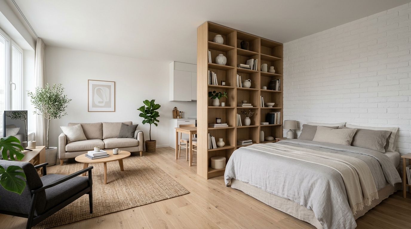 Спальня-гостиная в скандинавском стиле — зонирование стеллажом в студии