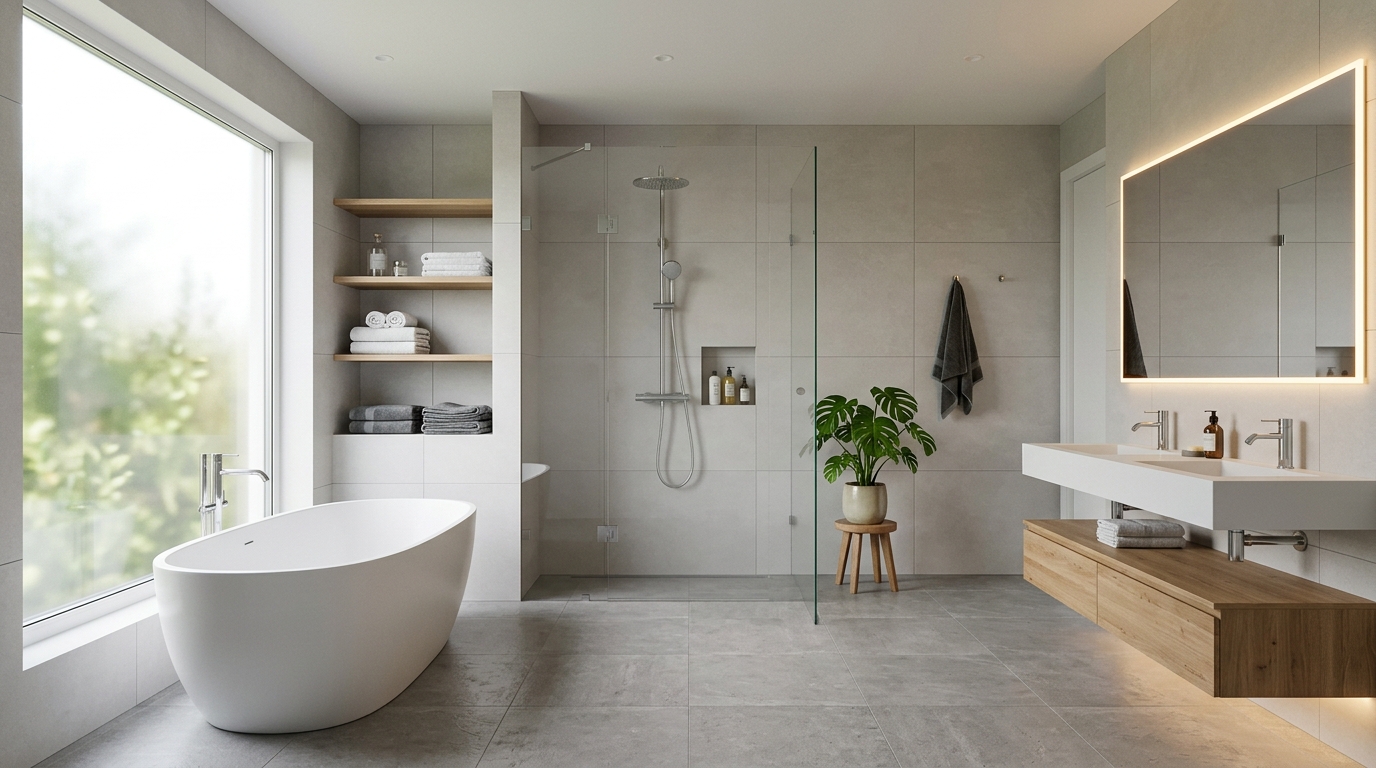 Современная ванная комната с отдельностоящей ванной, душевой зоной и деревянными акцентами