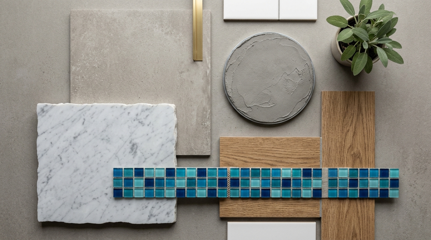 Образцы материалов для современной ванной: керамогранит, камень, микроцемент, дерево