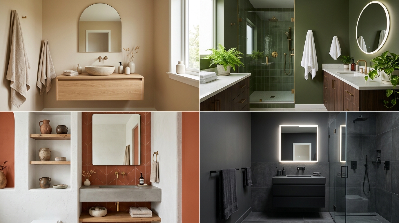 Четыре ванных комнаты в актуальных цветовых палитрах: бежевая, зелёная, терракотовая и графитовая