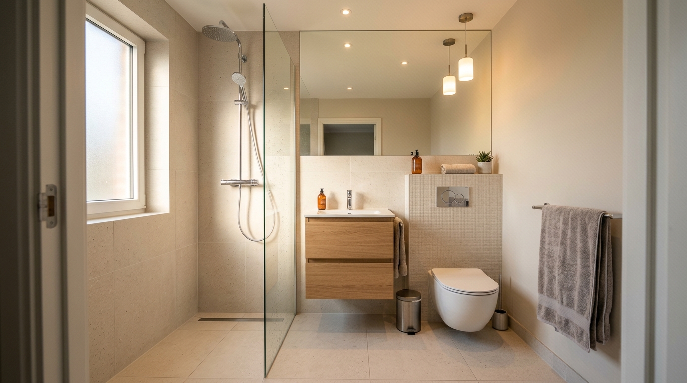 Компактная современная ванная комната с подвесным унитазом, душевой зоной и большим зеркалом