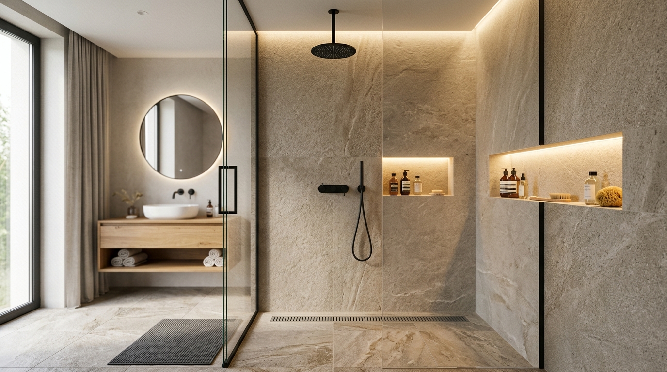 Современная душевая зона с безрамной стеклянной перегородкой, тропическим душем и встроенной нишей