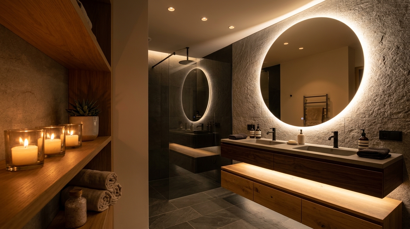 Современная ванная с многоуровневым освещением: подсветка зеркала, LED-лента под тумбой и точечные светильники