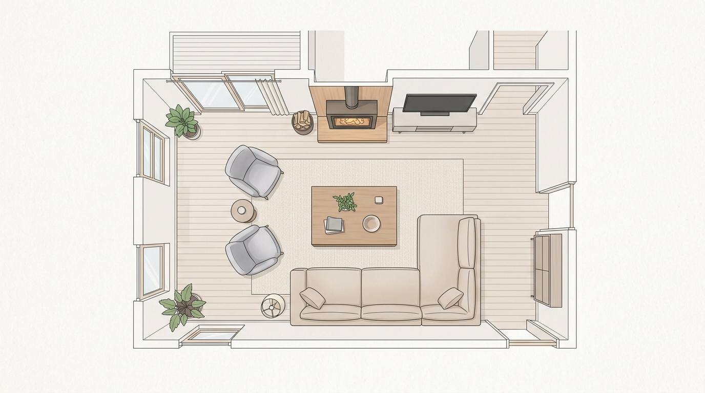Схематичный план комнаты с расстановкой мебели — вид сверху