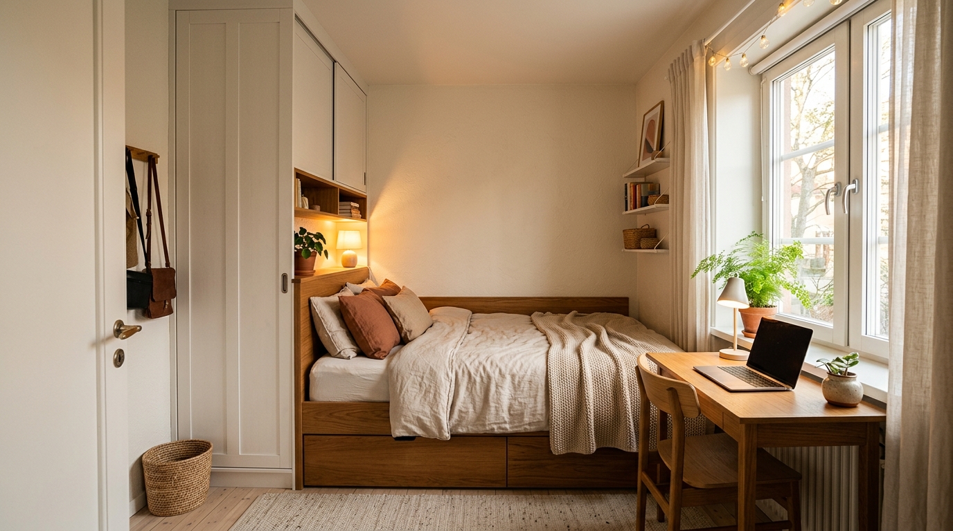Маленькая уютная спальня с компактной расстановкой мебели