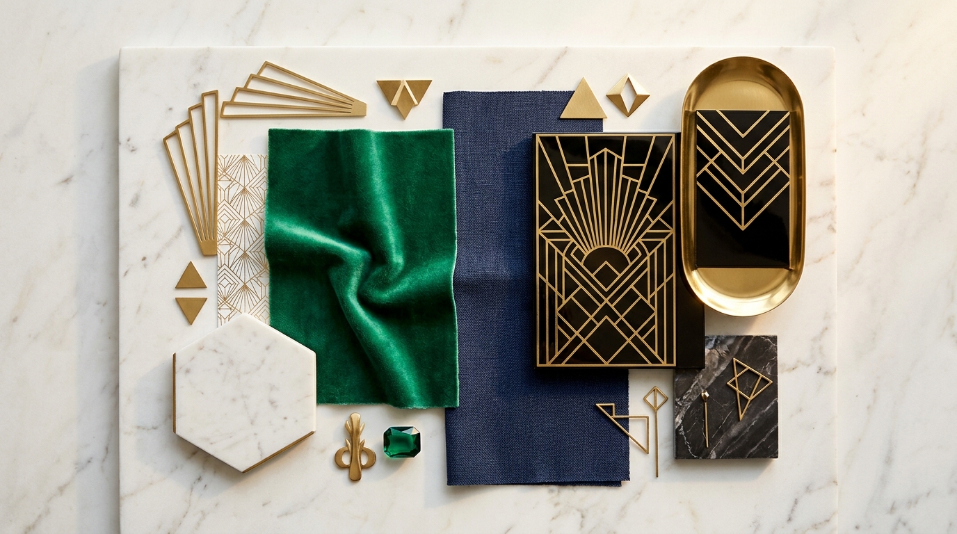 Палитра цветов и материалов стиля ар-деко: золото, мрамор, бархат, чёрный лак