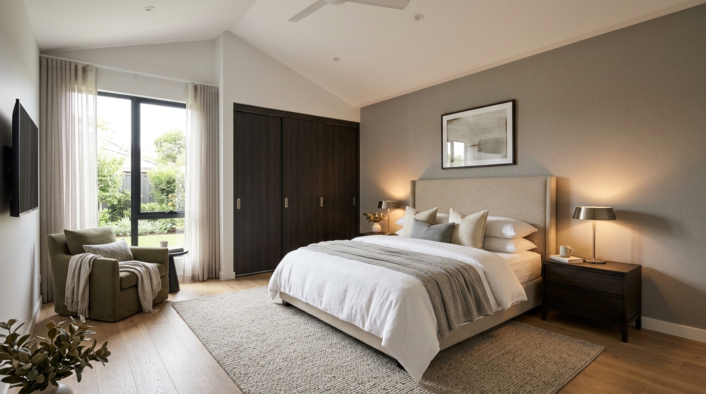 Спальня с правильной расстановкой — кровать у стены, тумбочки по бокам, шкаф напротив окна