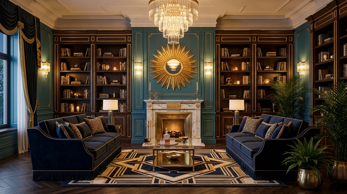 Гостиная в стиле ар-деко с зеркалом-солнцем, бархатными диванами и хрустальной люстрой