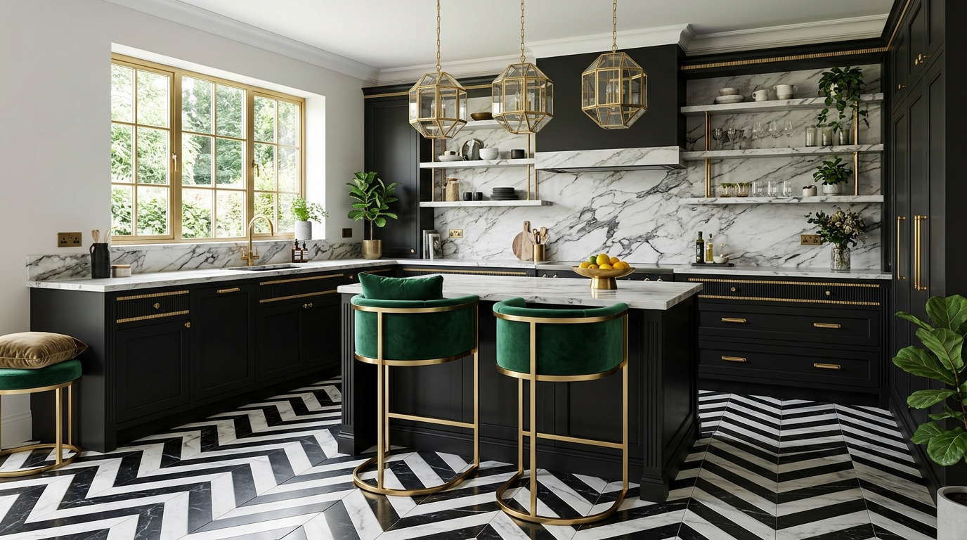 Кухня в стиле ар-деко с чёрно-золотыми шкафами и мраморными столешницами