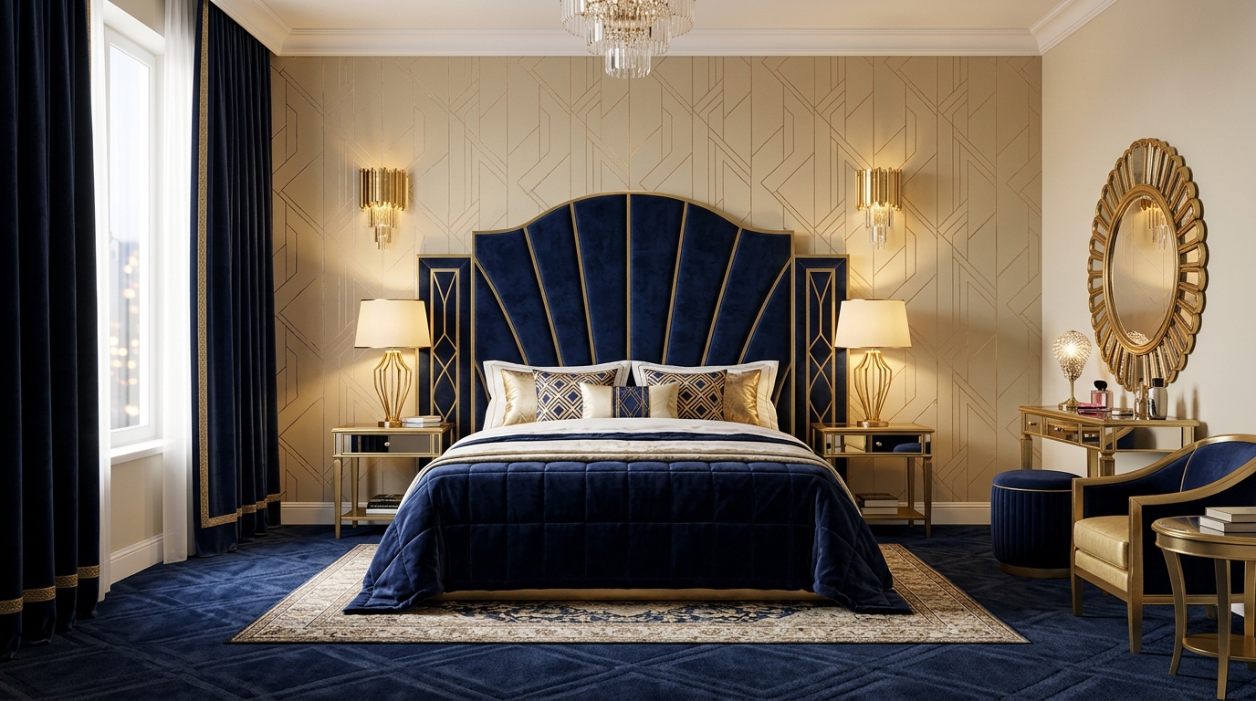 Спальня в стиле ар-деко с высоким бархатным изголовьем и золотыми акцентами