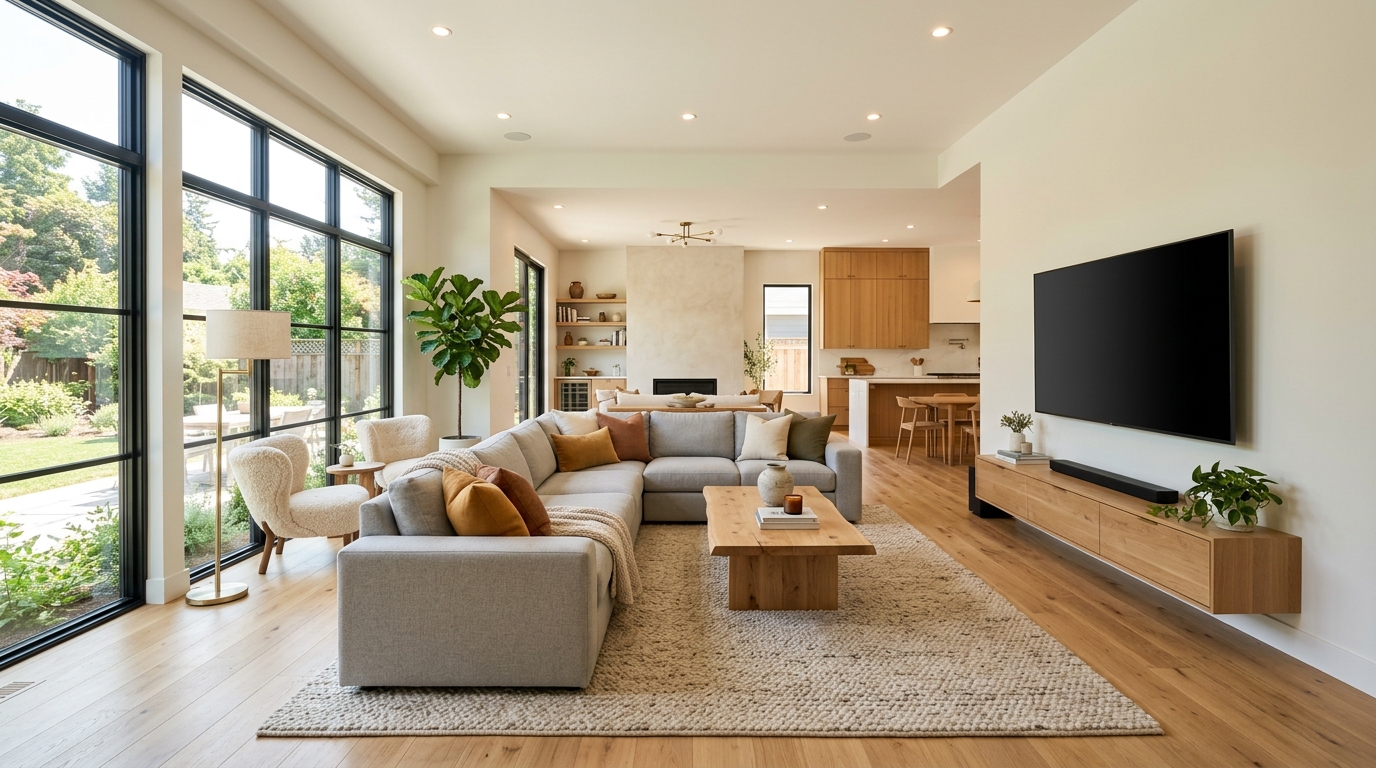 Просторная гостиная после ремонта