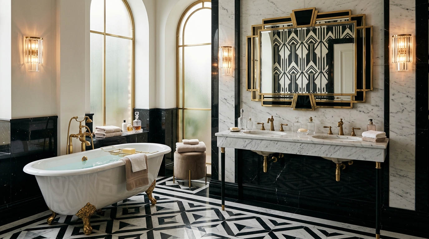 Ванная комната ар-деко с чёрно-белым мрамором, золотой фурнитурой и отдельно стоящей ванной