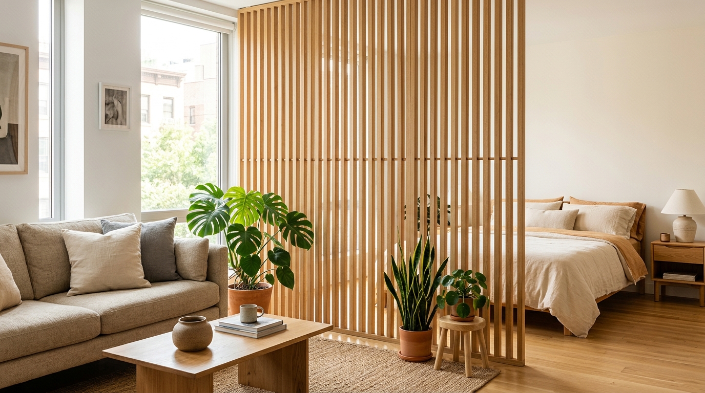 Реечная перегородка из натурального дерева разделяет гостиную и спальню