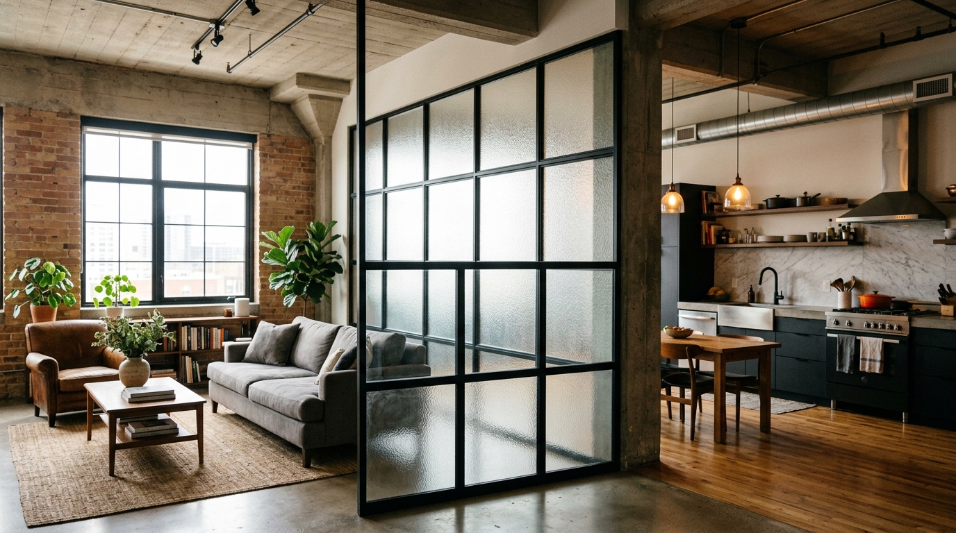 Стеклянная перегородка с чёрным металлическим каркасом в лофт-интерьере
