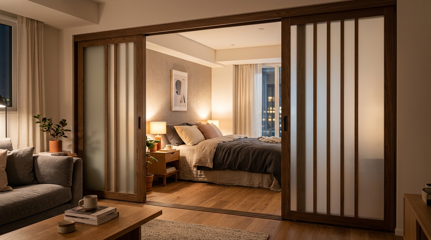 Раздвижная перегородка из матового стекла и дерева отделяет спальню